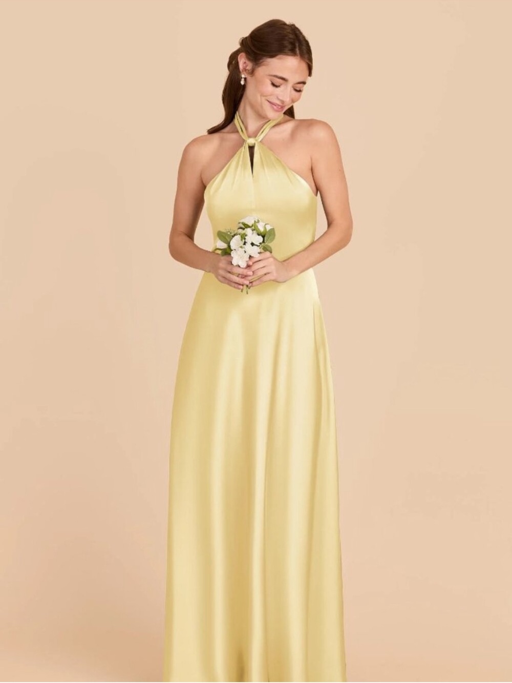 Birdy Grey Halter Satin Bridesmaid Dress in Monica matte lemon sorbet M
